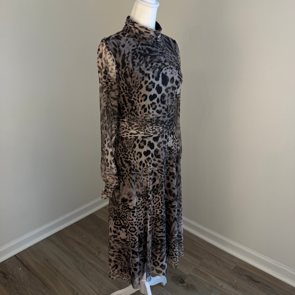 Eliza J Animal Print Mesh Midi Dress Womens Size 8 Mock Neck Ruched Leopard - Picture 4 of 13